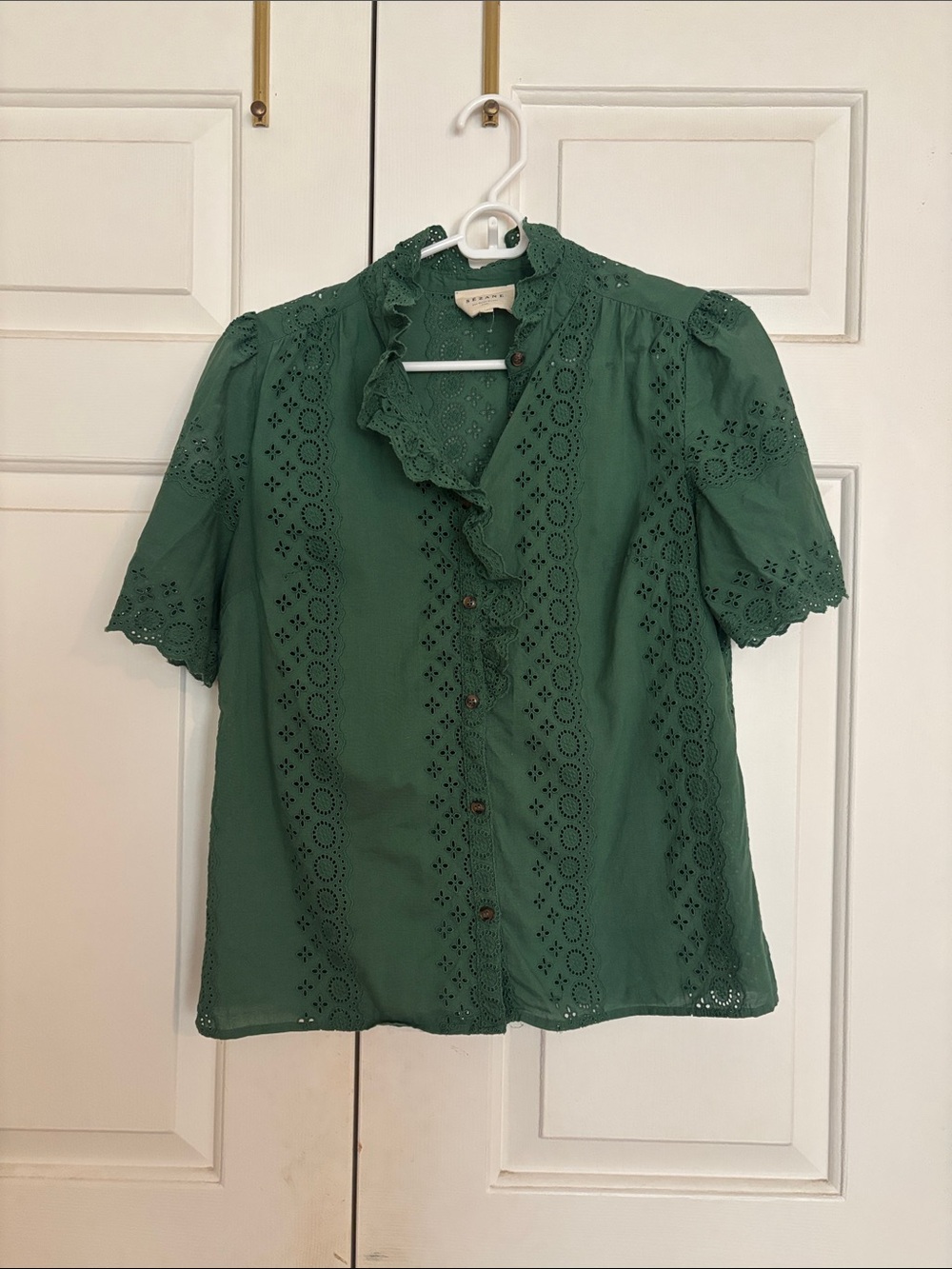 Sezane Green Eyelet Ruffle Button-Down Shirt
